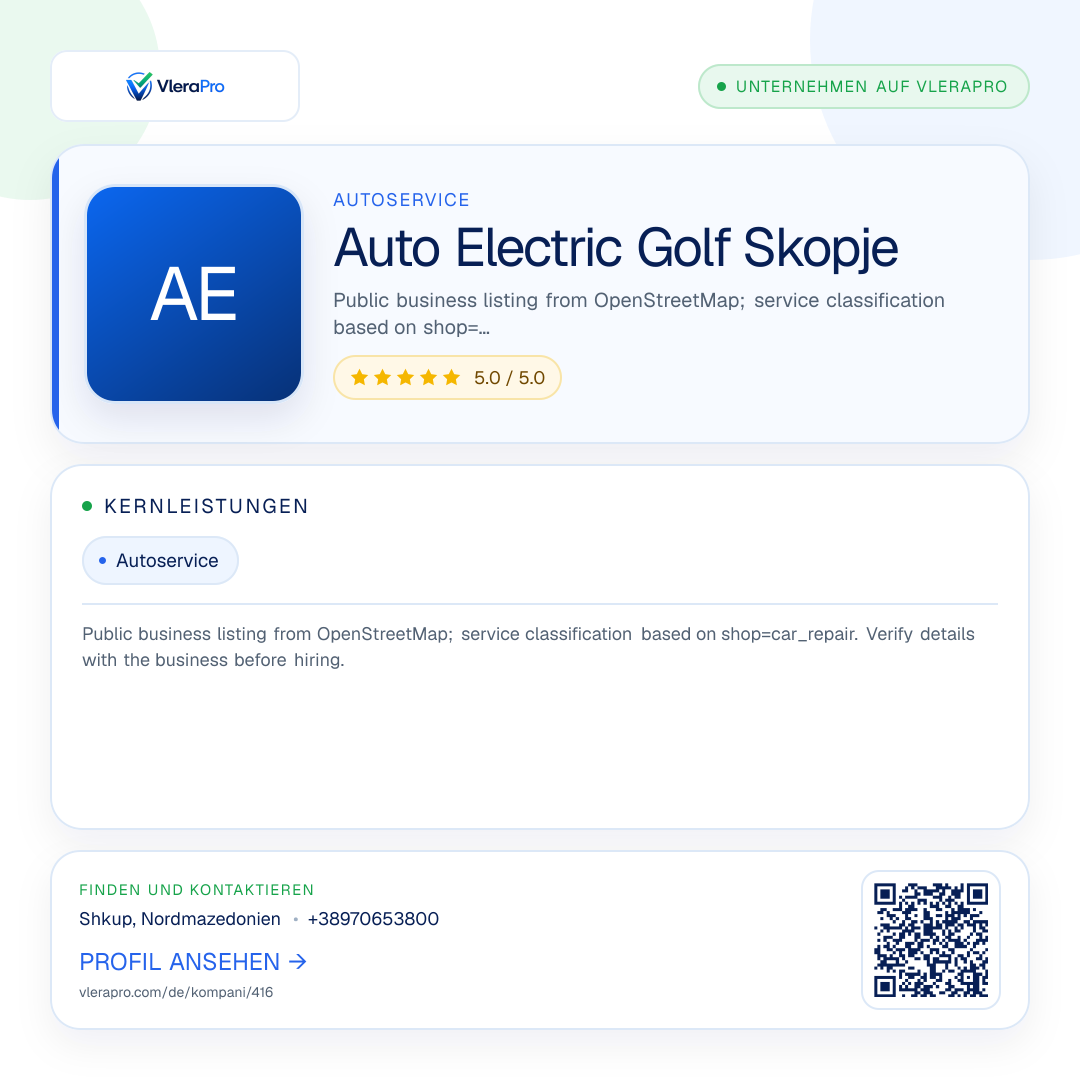 Werbegrafik des Unternehmensprofils: Auto Electric Golf Skopje