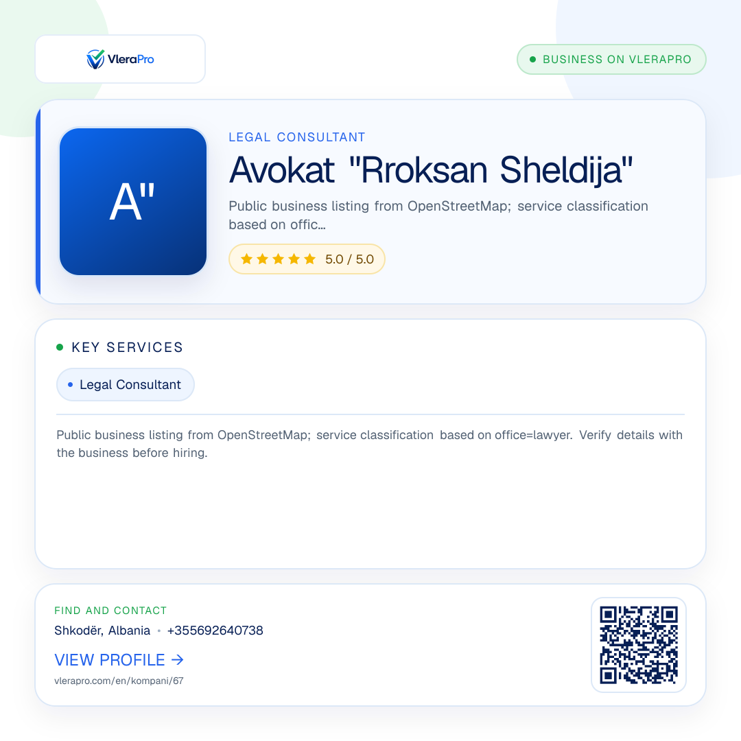 Promotional profile graphic: Avokat "Rroksan Sheldija"
